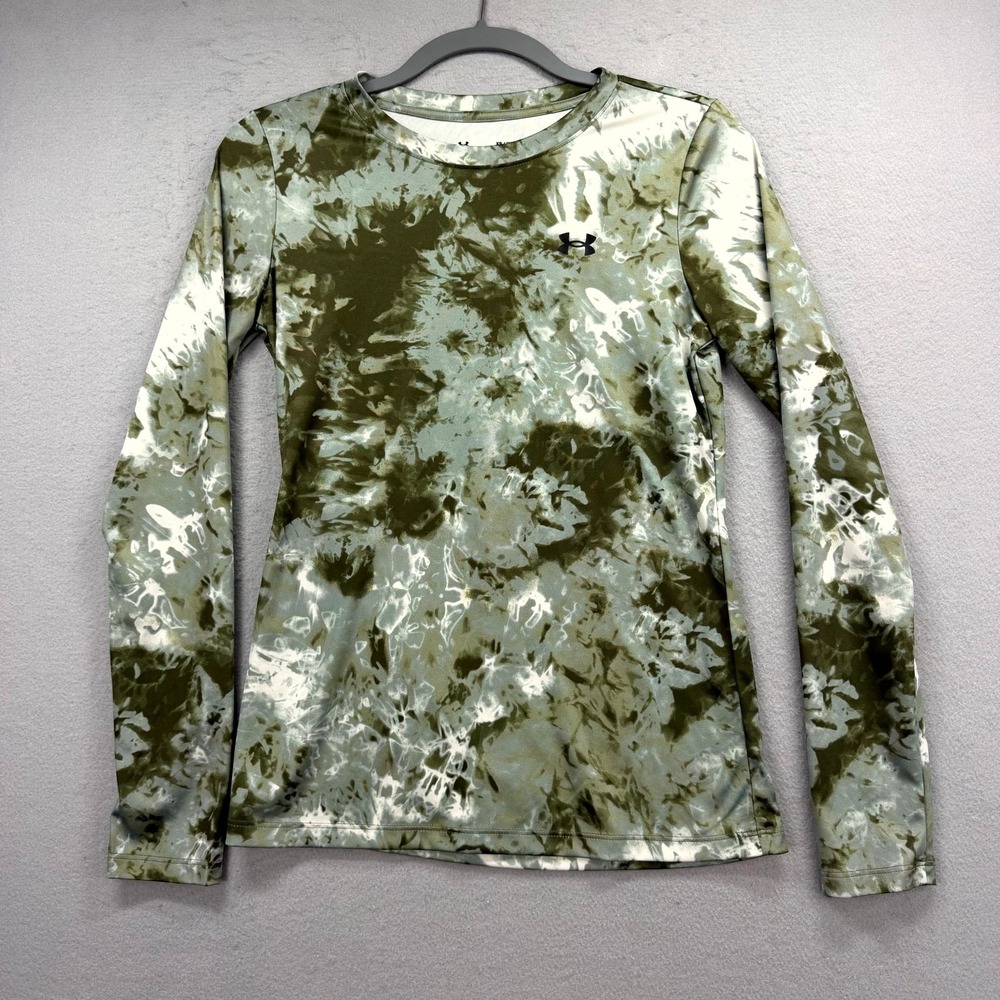Under Armour T-Shirt Top Womens XS Green Velocity Tie Dye Camo Long Sleeve Loose